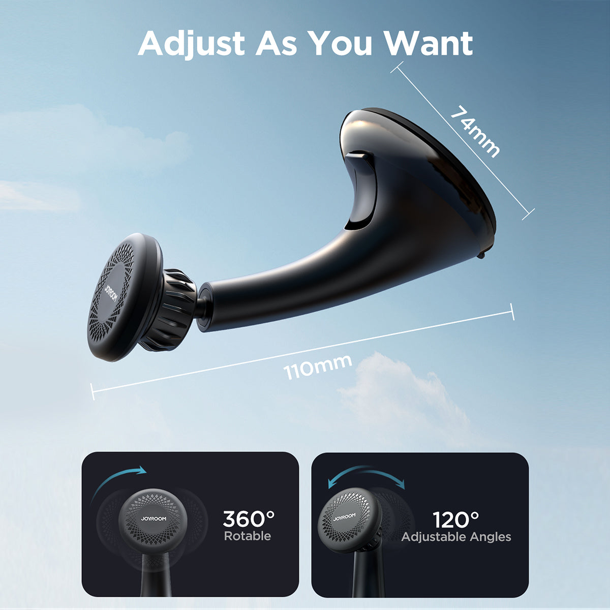 JOYROOM JR-ZS356 Magnetic Car Phone Holder with 360° rotation and 120° adjustable angles for optimal viewing flexibility.